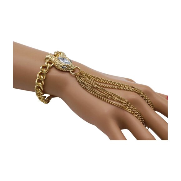 New Women Gold Fashion Bracelet Metal Hand Chain Connected Ring Bling Snake Head - Picture 14 of 17